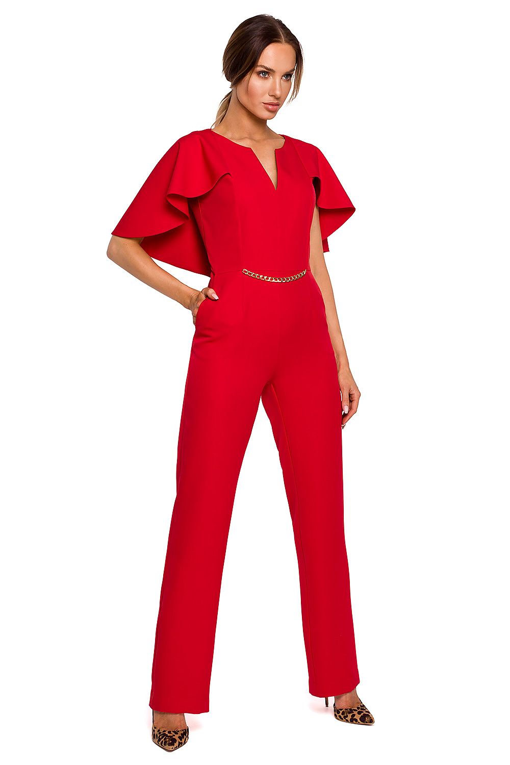 V-Hals Jumpsuit - Moe til dame fra MS StyleHaven, laget av polyester, farge Rosa, størrelse M, med long ermer, perfekt til casual; dress