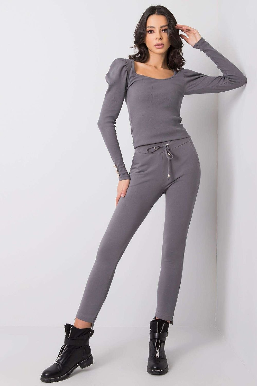 BFG – koniske joggebukser for kvinner med knytebånd i midjen til dame fra MS StyleHaven, laget av Bomull; Elastan-1, farge Grå, størrelse S, med long; 3-4 ermer, perfekt til casual; dress
