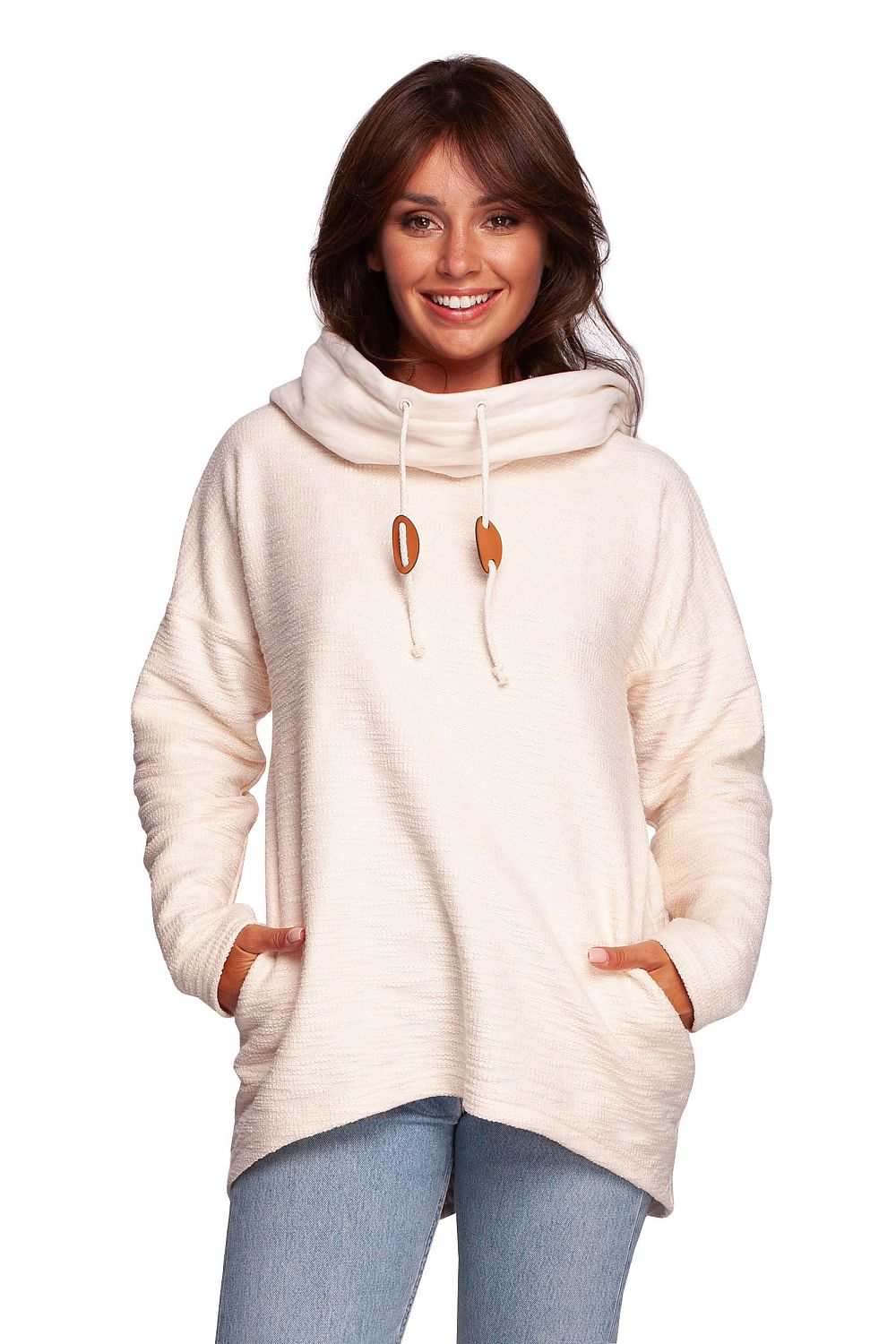 BeWear Warm Sweatshirt-Tunika med hette og krage til dame fra MS StyleHaven, laget av Bomull; polyester, farge beige, størrelse s, med short ermer, perfekt til dress