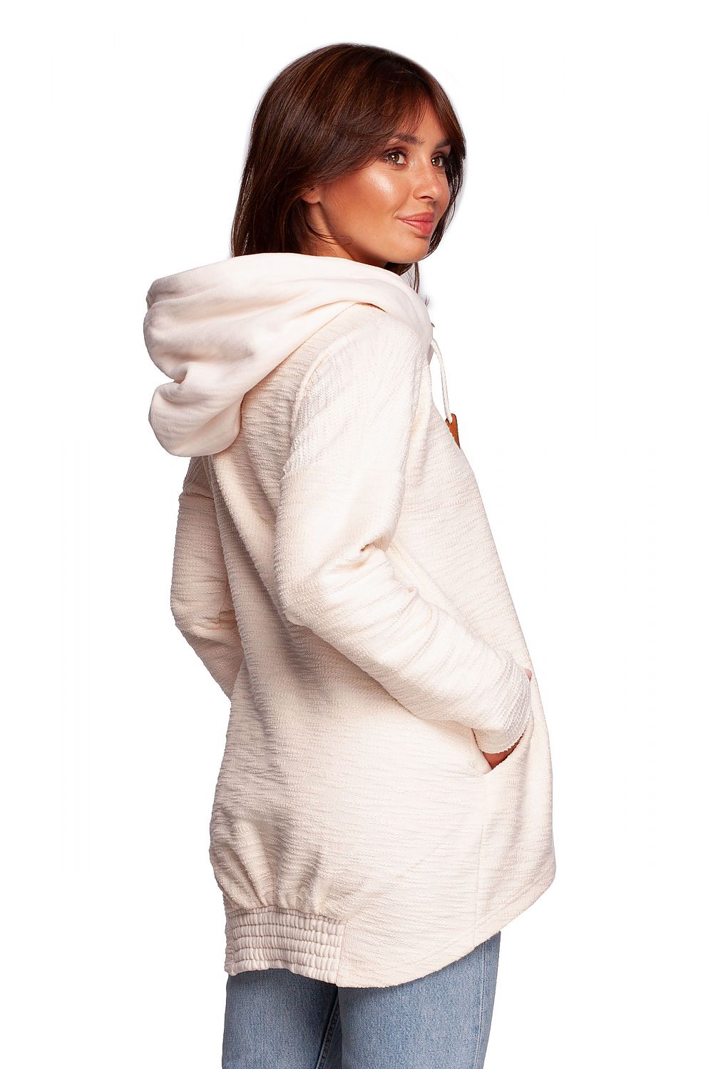 BeWear Warm Sweatshirt-Tunika med hette og krage til dame fra MS StyleHaven, laget av Bomull; polyester, farge beige, størrelse L, med short ermer, perfekt til dress