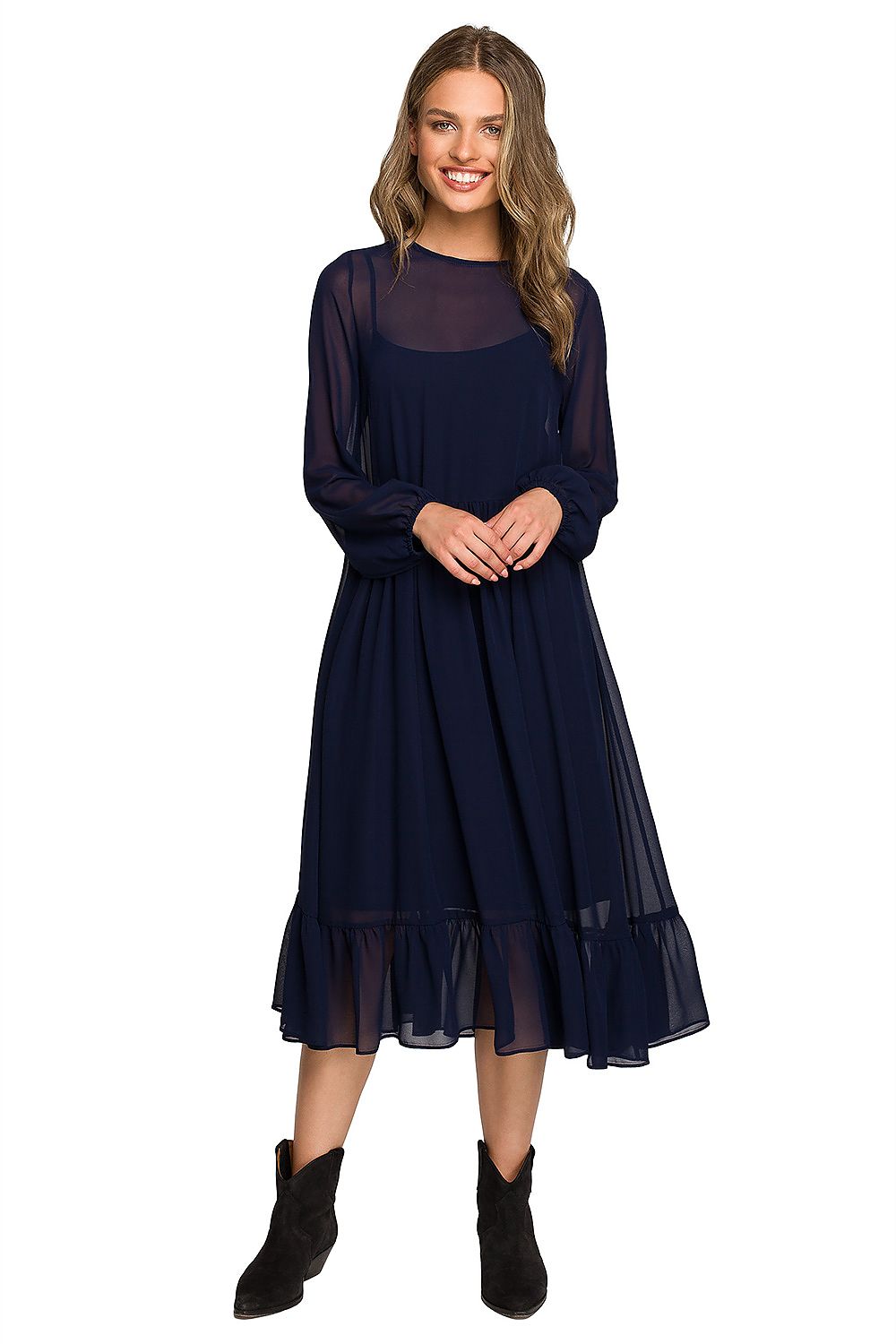 Cocktailkjole Stylove til dame fra MS StyleHaven, laget av polyester, farge Marineblå, størrelse s, med long ermer, midi lengde, kjolestil a-line; sheath, perfekt til dress