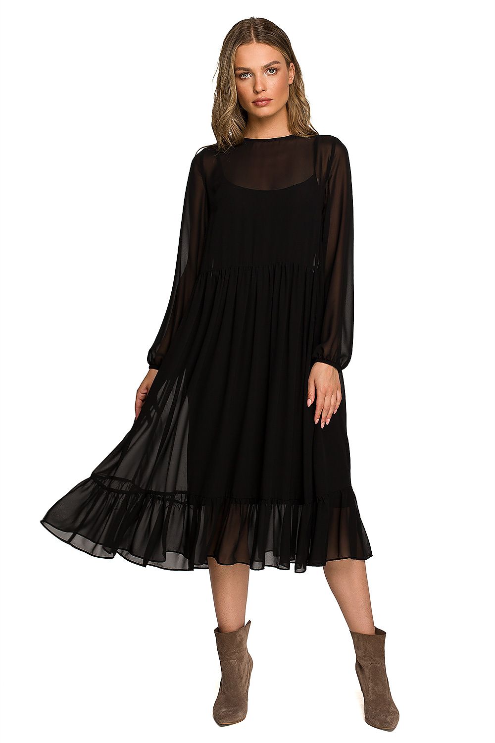 Cocktailkjole Stylove til dame fra MS StyleHaven, laget av polyester, farge Marineblå, størrelse L, med long ermer, perfekt til dress