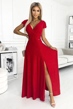 Crystal Maxi Dress fra Numoco – elegant omslagskjole med høy spalte til dame fra MS StyleHaven, laget av polyester, farge Rød, størrelse XS, med sleeveless; short ermer, maxi lengde, kjolestil empire-waist; a-line; wrap; sheath, perfekt til casual; dress