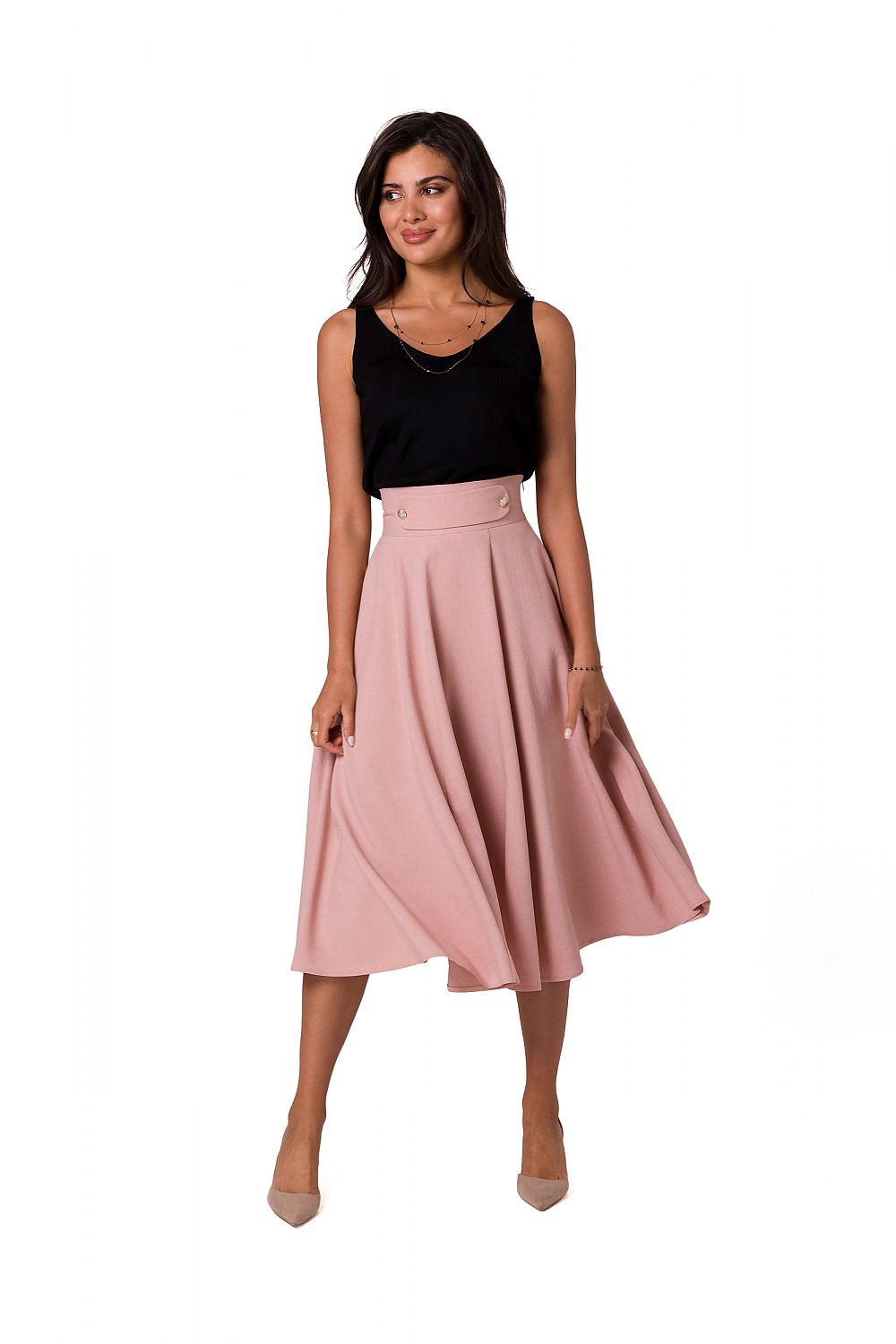 High-waisted Flared Midi-skjørt - BeWear til dame fra MS StyleHaven, laget av polyester, farge Rosa, størrelse s, med short ermer, midi lengde, perfekt til dress
