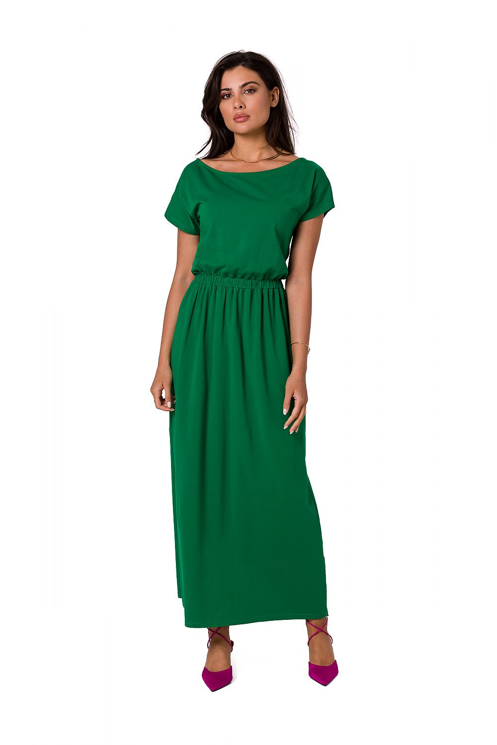 Dagskjole BeWear til dame fra MS StyleHaven, laget av Bomull; Elastan-1, farge Grønn, størrelse s, med short ermer, maxi lengde, kjolestil sheath, perfekt til dress