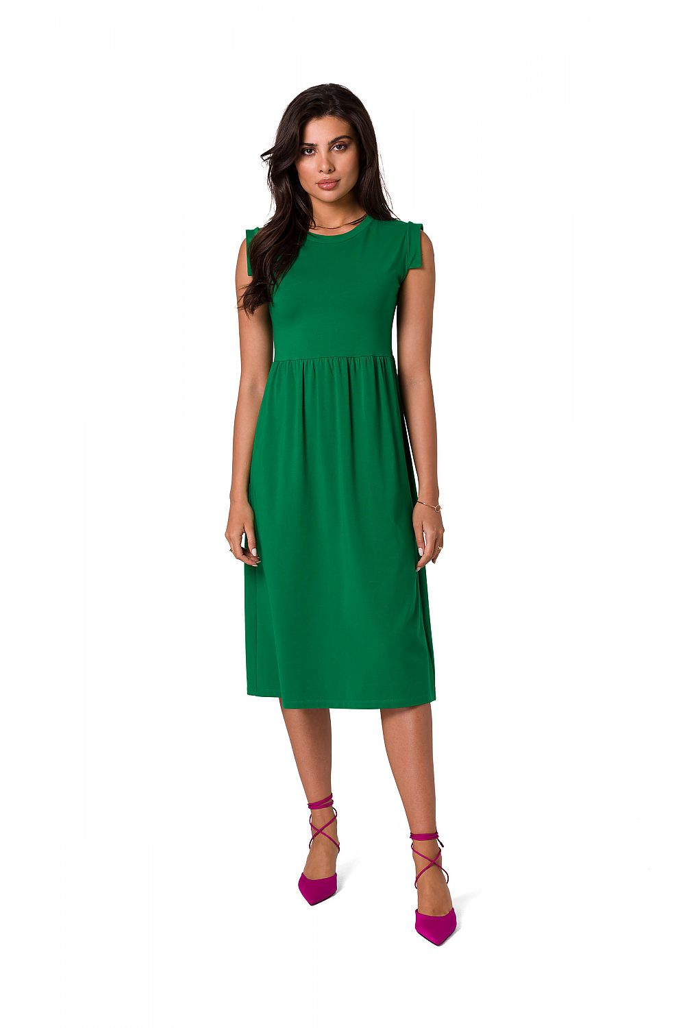 Ermeløs Dagskjole BeWear til dame fra MS StyleHaven, laget av Bomull; Elastan-1, farge Grønn, størrelse s, med sleeveless ermer, midi lengde, kjolestil a-line, perfekt til dress