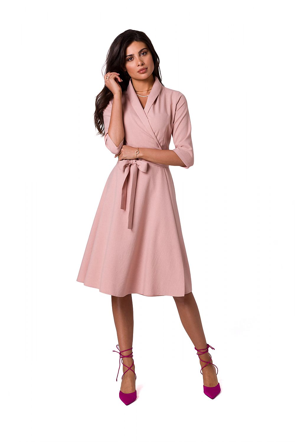 Dagskjole BeWear til dame fra MS StyleHaven, laget av polyester, farge Rosa, størrelse s, med long ermer, midi lengde, kjolestil a-line, perfekt til dress