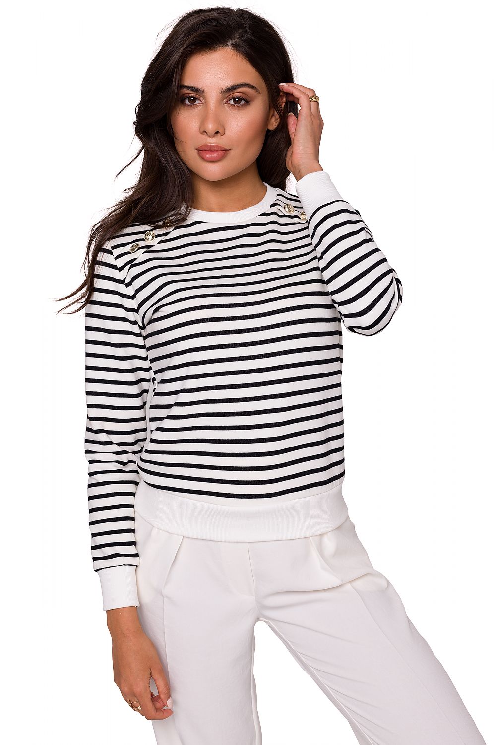 Stripete bomullsgenser fra BeWear til dame fra MS StyleHaven, laget av Bomull; polyester, farge Hvit, størrelse s, med long ermer, perfekt til dress