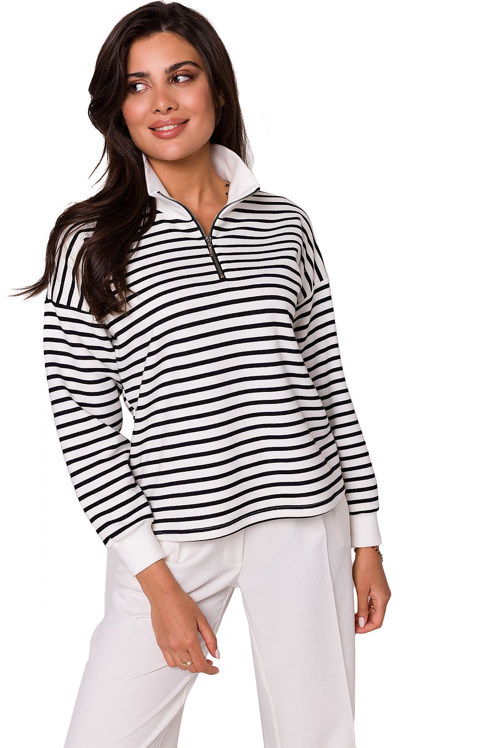Stripete genser med høy krage - BeWear til dame fra MS StyleHaven, laget av Bomull; polyester, farge Hvit, størrelse s, med long ermer, perfekt til dress
