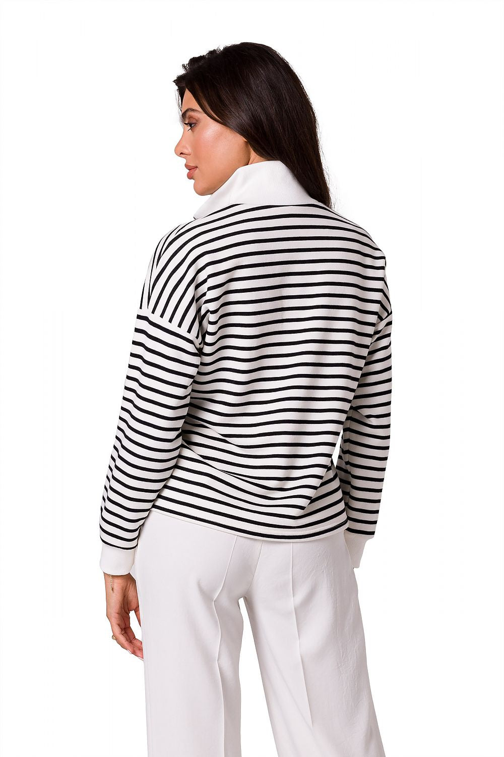 Stripete genser med høy krage - BeWear til dame fra MS StyleHaven, laget av Bomull; polyester, farge Hvit, størrelse L, med long ermer, perfekt til dress