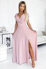 Crystal Maxi Dress fra Numoco – elegant omslagskjole med høy spalte til dame fra MS StyleHaven, laget av polyester, farge Grønn, størrelse S, med sleeveless; short ermer, perfekt til casual; dress