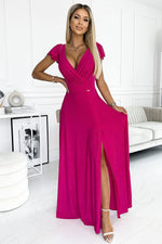 Crystal Maxi Dress fra Numoco – elegant omslagskjole med høy spalte til dame fra MS StyleHaven, laget av polyester, farge Grønn, størrelse L, med sleeveless; short ermer, perfekt til casual; dress