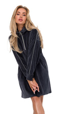 Ståkrage Dagkjole Moe til dame fra MS StyleHaven, laget av polyester, farge Grå, størrelse S/M, med long ermer, midi lengde, kjolestil a-line, perfekt til dress
