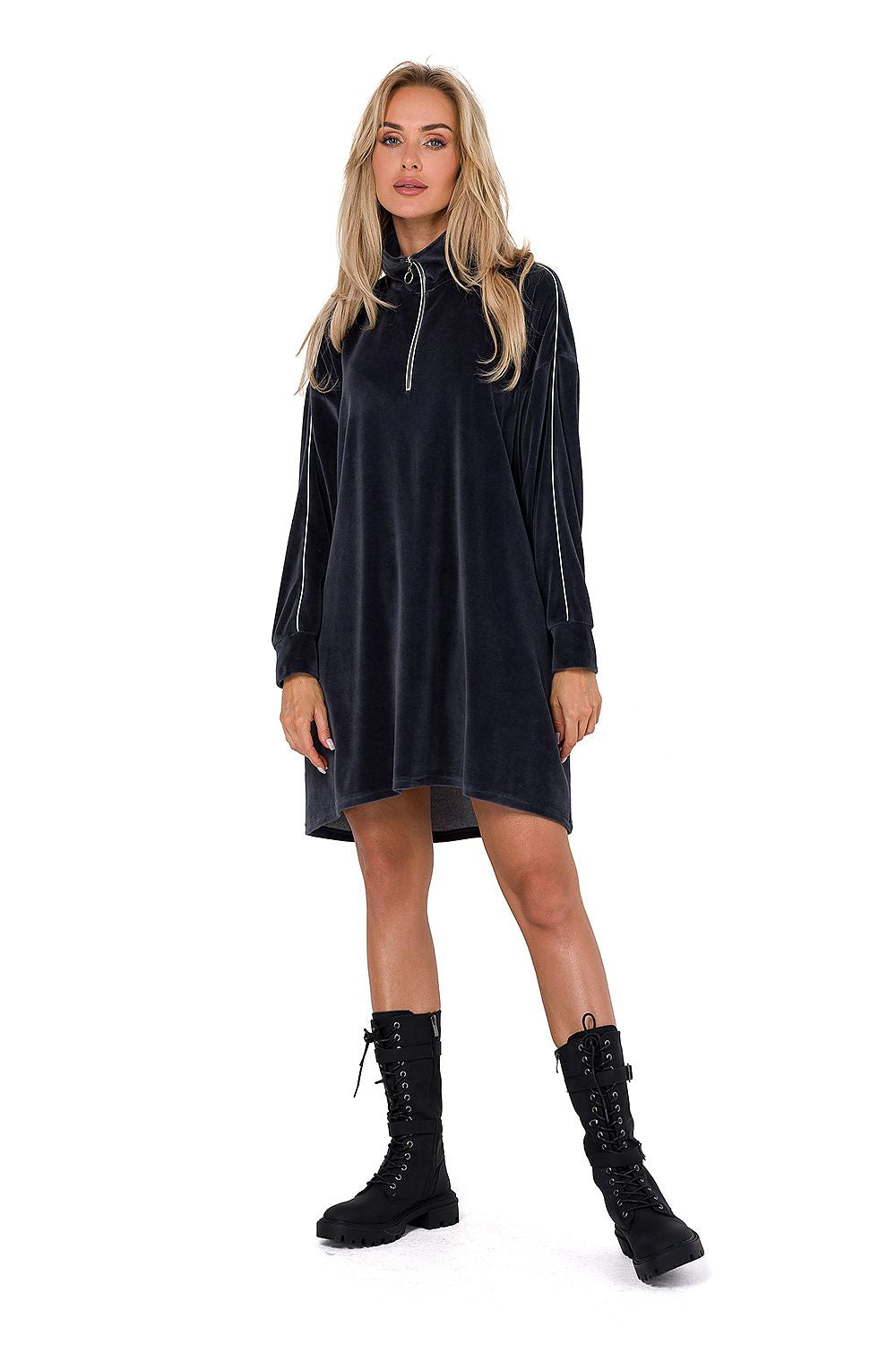Ståkrage Dagkjole Moe til dame fra MS StyleHaven, laget av polyester, farge Grå, størrelse L/XL, med long ermer, perfekt til dress