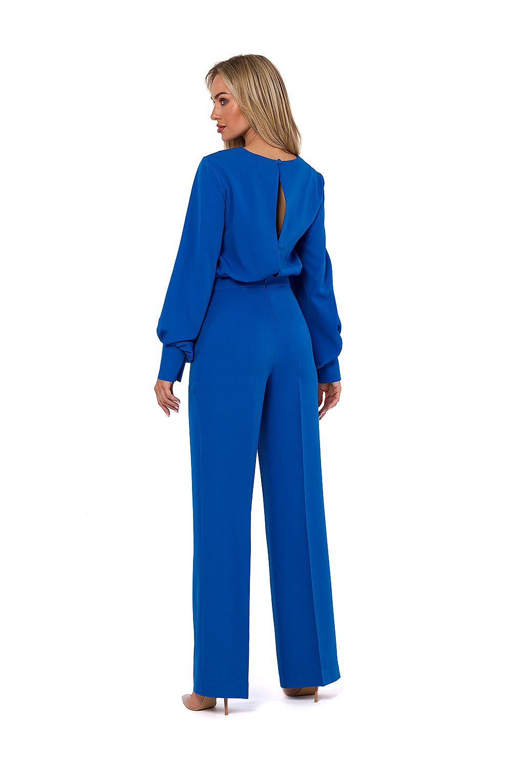 Elegant Buff Sleeve Jumpsuit - Moe til dame fra MS StyleHaven, laget av polyester, farge Blå, størrelse M, med long ermer, perfekt til casual; dress
