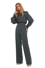Elegant Buff Sleeve Jumpsuit - Moe til dame fra MS StyleHaven, laget av polyester, farge Blå, størrelse L, med long ermer, perfekt til casual; dress
