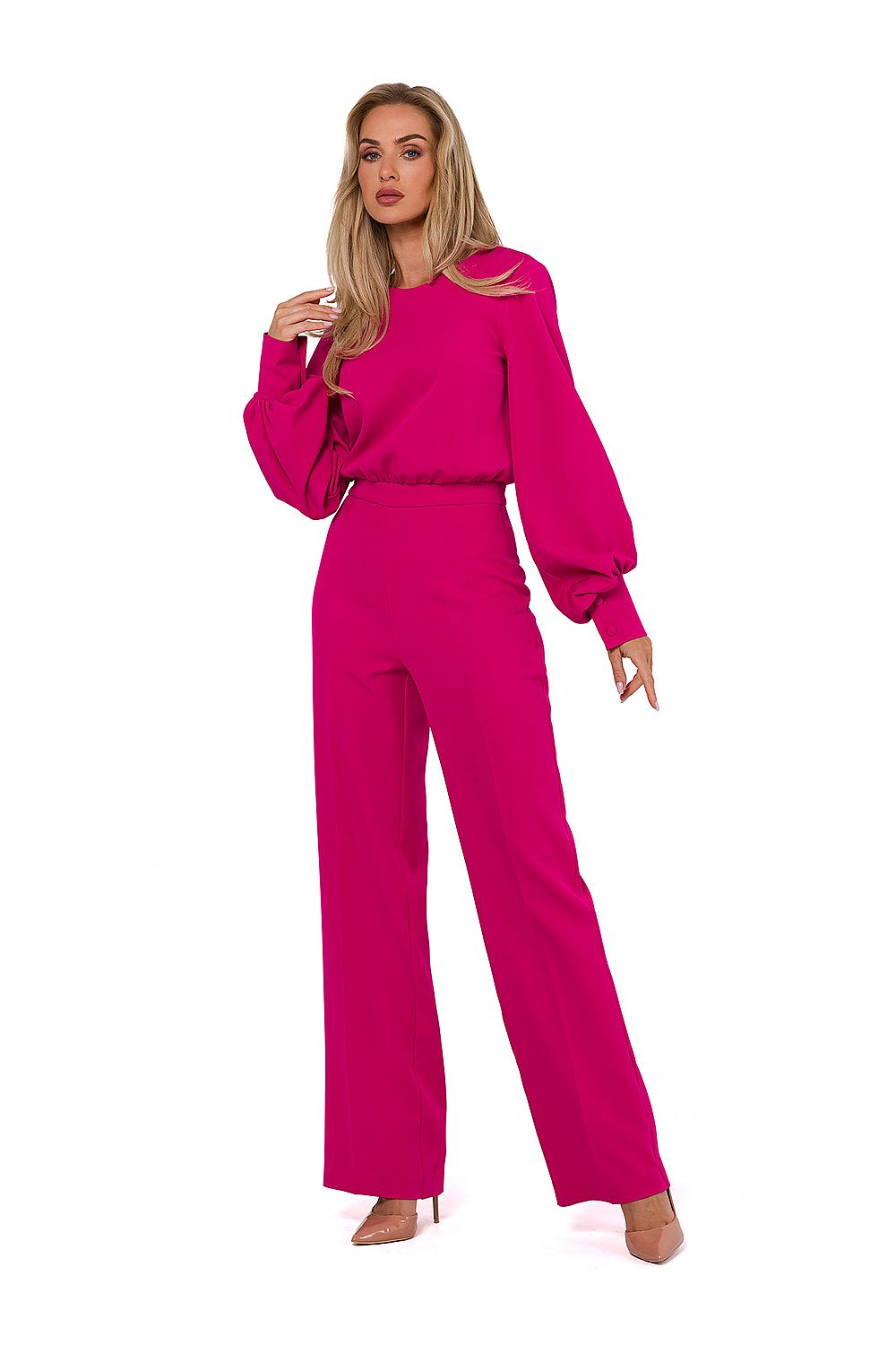 Elegant Buff Sleeve Jumpsuit - Moe til dame fra MS StyleHaven, laget av polyester, farge Grønn, størrelse s, med long ermer, perfekt til casual; dress