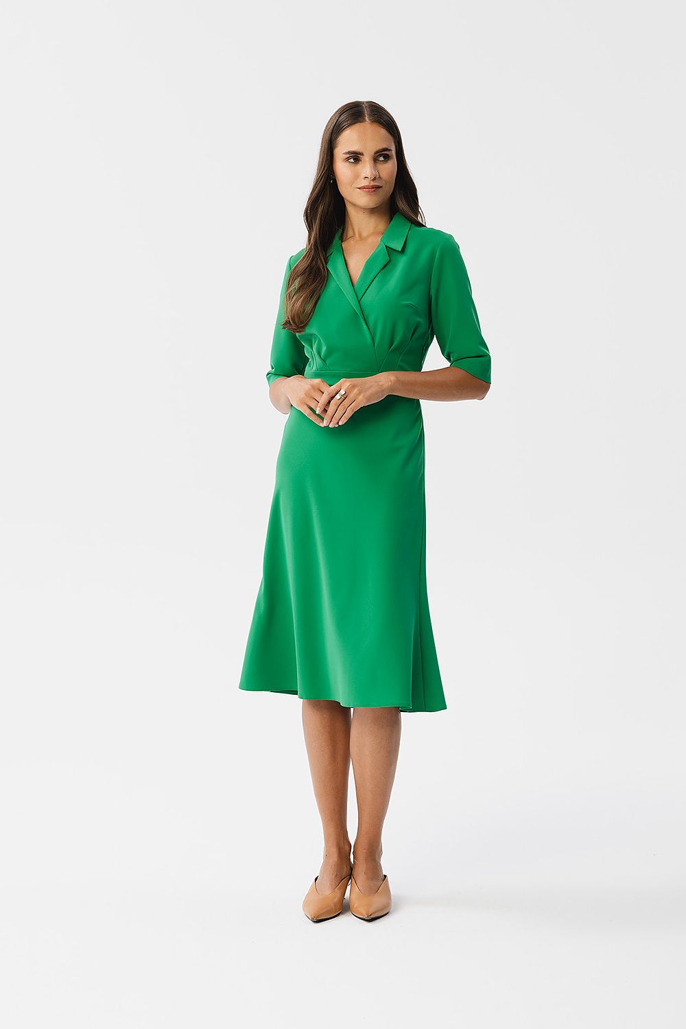 Dagkjole Stylove til dame fra MS StyleHaven, laget av polyester; Viskose; Elastan-1, farge Grønn, størrelse s, med lang ermer, midi lengde, kjolestil a-line; blouson, perfekt til dress