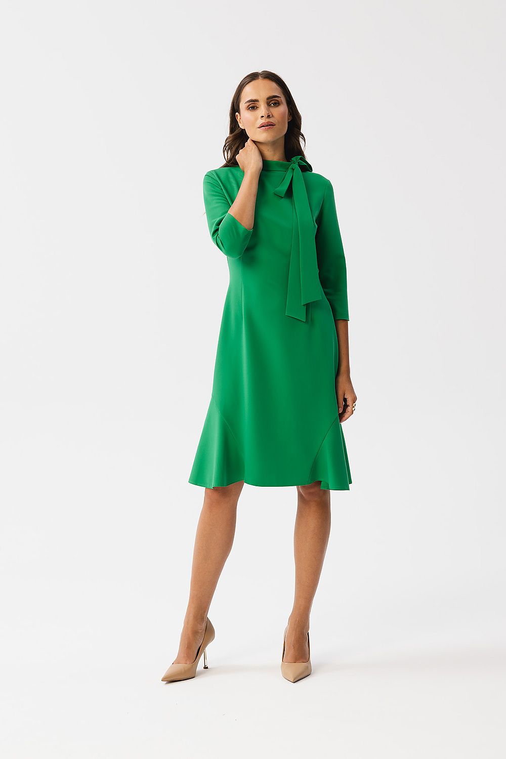 Dagkjole Stylove til dame fra MS StyleHaven, laget av polyester; Viskose; Elastan-1, farge Grønn, størrelse s, med lang ermer, knee-1 lengde, kjolestil a-line, perfekt til dress