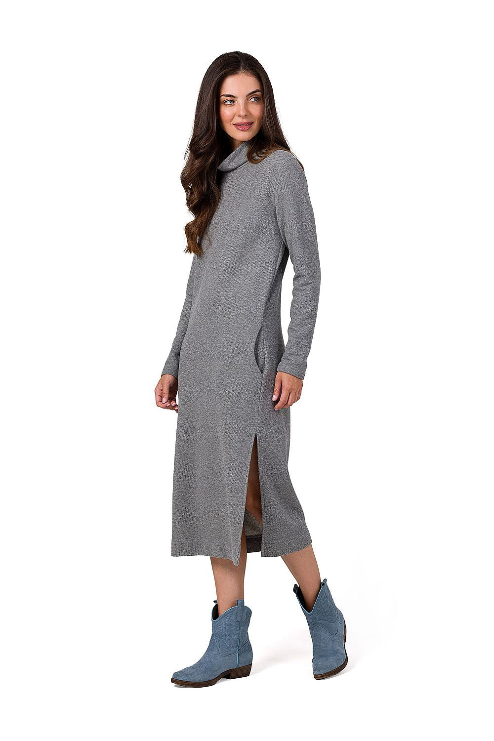 Dagskjole - BeWear til dame fra MS StyleHaven, laget av Bomull; polyester, farge Grå, størrelse s, med long ermer, midi lengde, kjolestil sweater, perfekt til dress