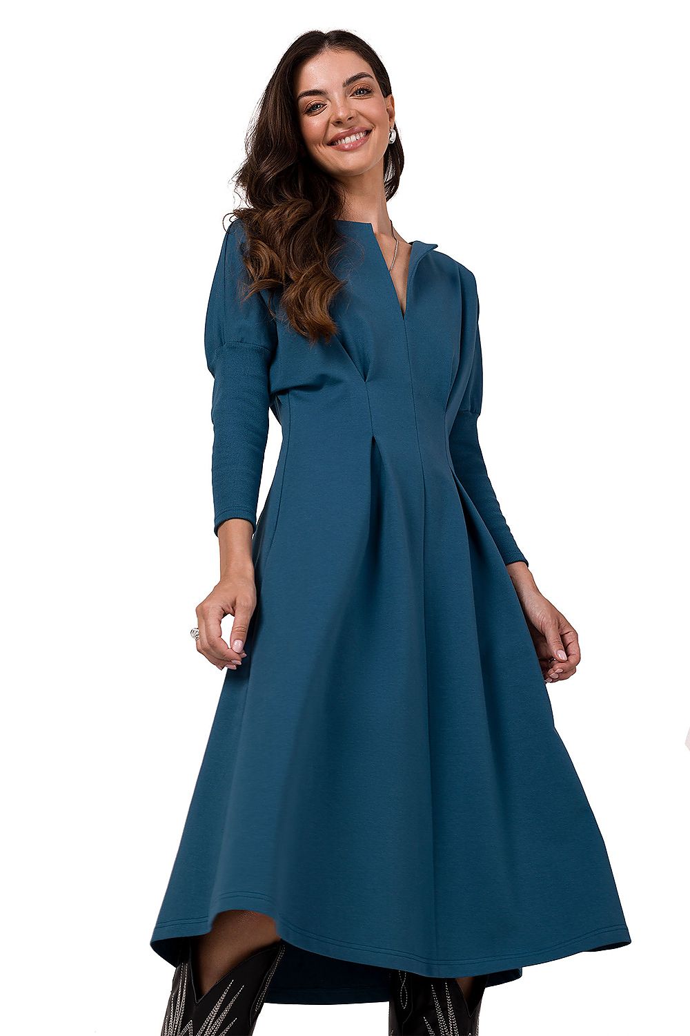 Dagskjole BeWear til dame fra MS StyleHaven, laget av Bomull; Elastan-1, farge Blå, størrelse s, med long ermer, knee lengde, kjolestil a-line, perfekt til dress