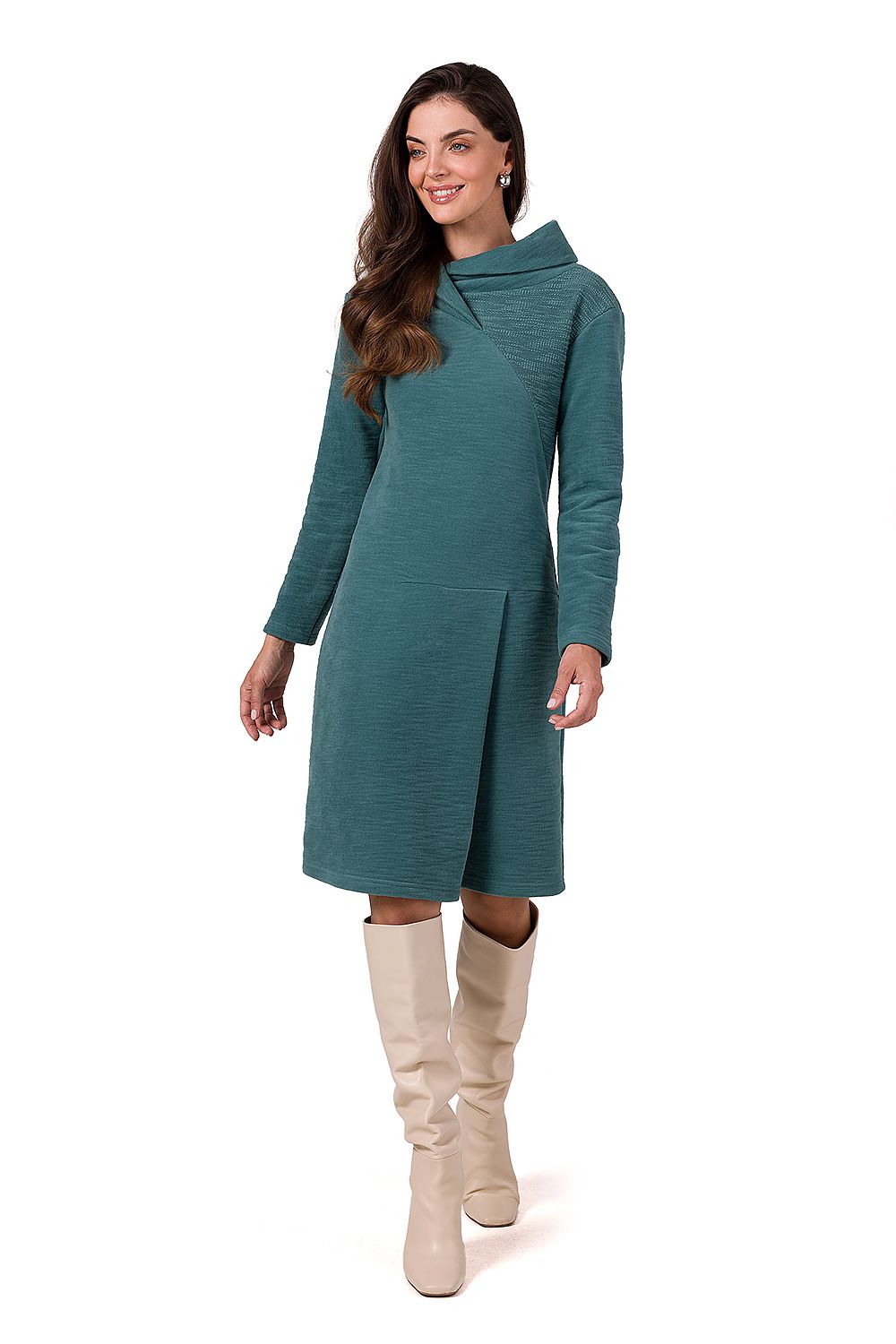 Dagskjole BeWear til dame fra MS StyleHaven, laget av Bomull; Elastan-1, farge Grønn, størrelse s, med long ermer, midi lengde, kjolestil blouson, perfekt til dress