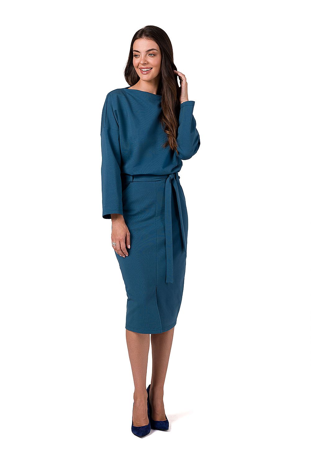 Dagskjole BeWear til dame fra MS StyleHaven, laget av Bomull; Elastan-1, farge Blå, størrelse s, med long ermer, midi lengde, kjolestil blouson, perfekt til dress